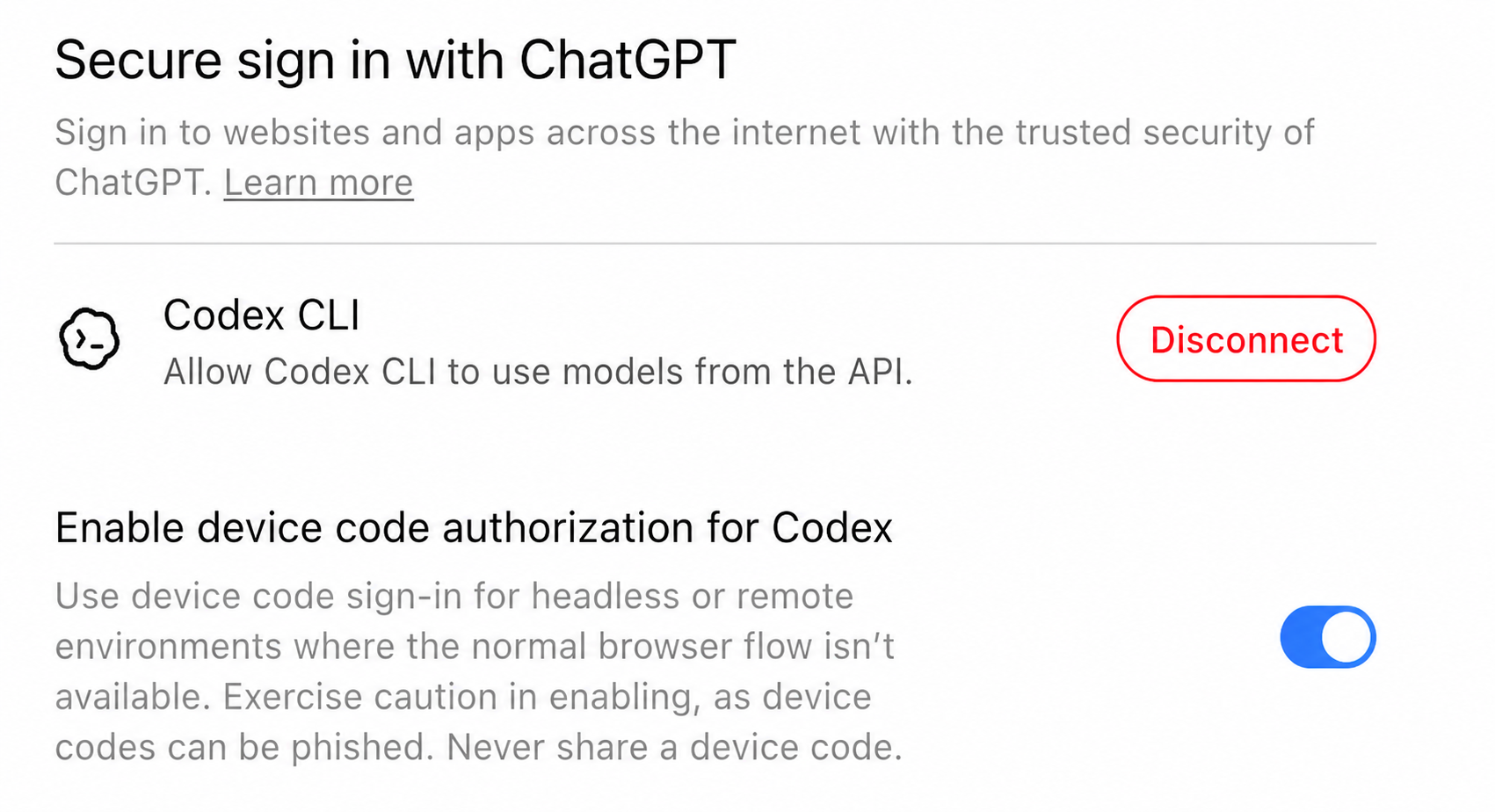 ChatGPT 网页版安全与登录设置中的 Codex 设备代码授权开关